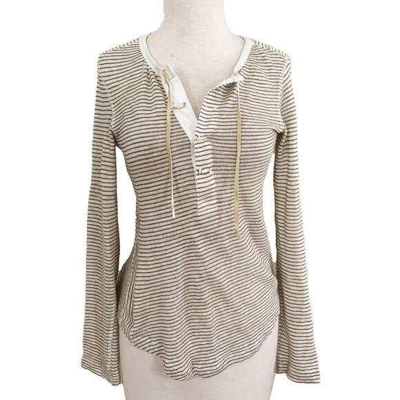 Free People Desert Rider FP Heirloom Striped Henley Top Brown Linen Blend LS XS - Picture 2 of 7
